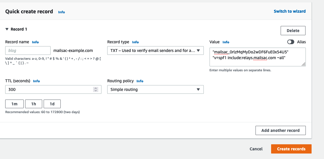 Example of TXT records in AWS Route53 console